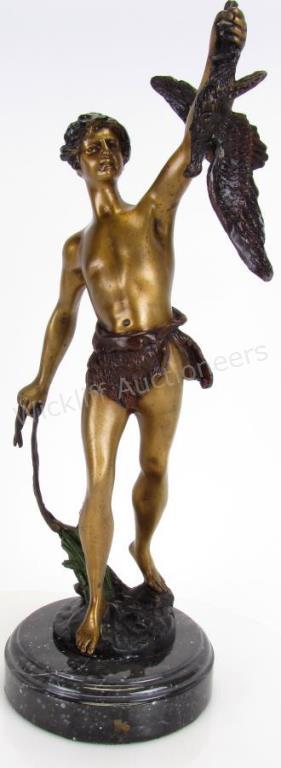 Appraisal: Bronze Sculpture of Boy Hunter with Bird depicting a young