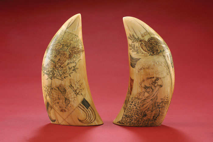 Appraisal: FINE AND RARE PAIR OF SCRIMSHAW POLYCHROME- DECORATED WHALE'S TEETH