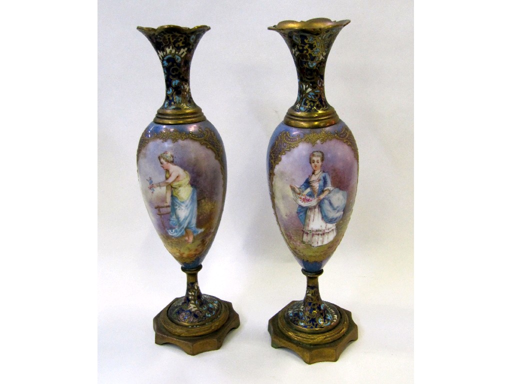 Appraisal: Pair of French Champleve enamel and porcelain vases each painted