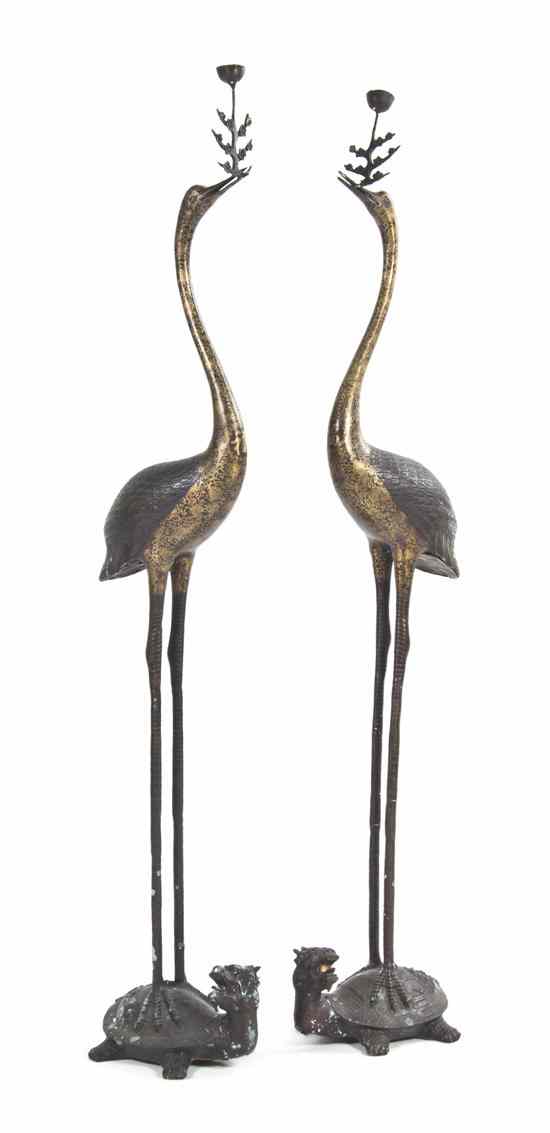 Appraisal: A Pair of Chinese Metal Inlaid Cranes the cranes having