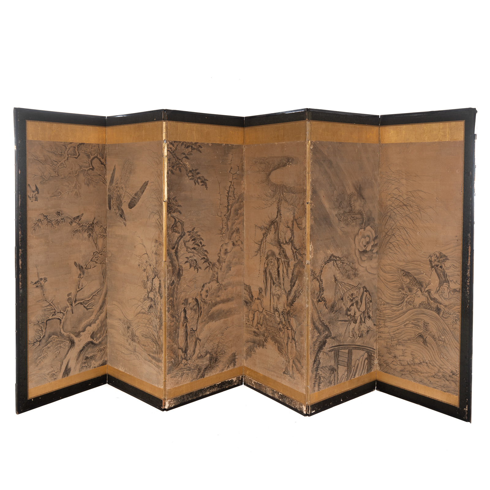 Appraisal: JAPANESE DEITIES BEASTS FOLDING SCREEN Edo Period th century or