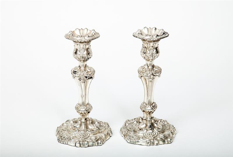 Appraisal: Pair of George III Silver Weighted Candlesticks Sheffield nozzle plated