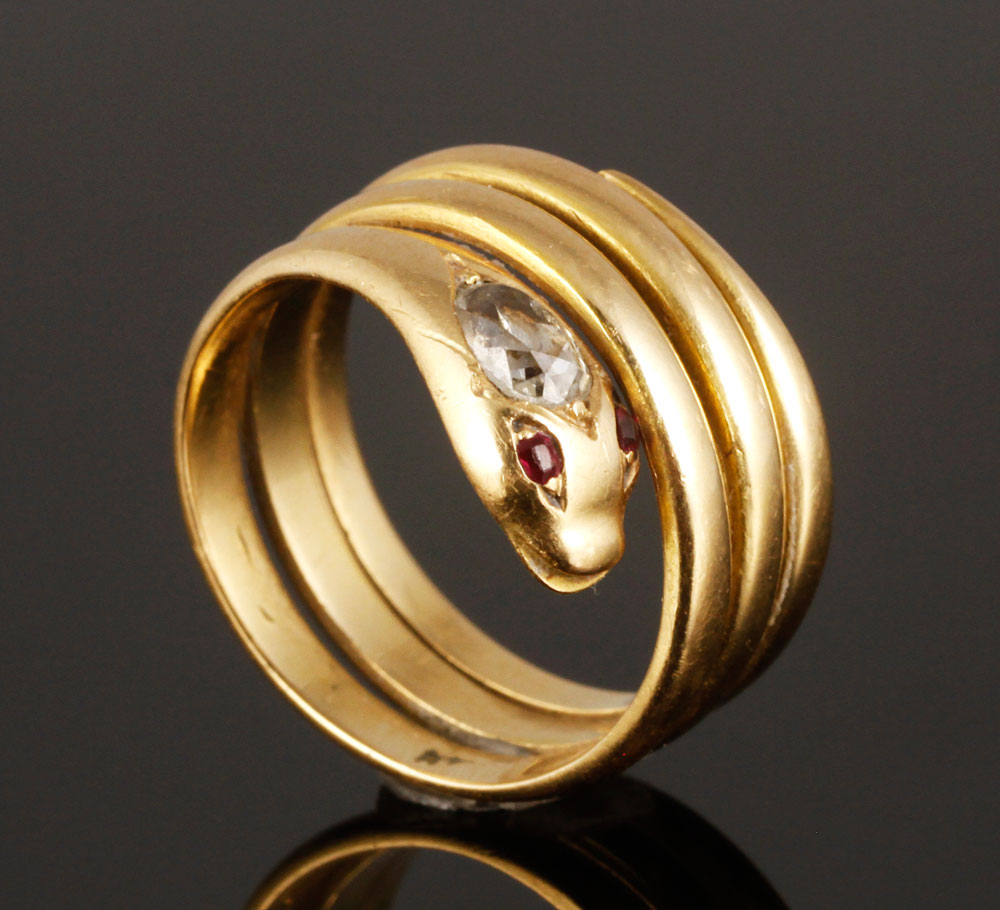 Appraisal: - K Diamond and Ruby Snake Ring K yellow gold