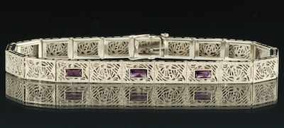 Appraisal: An Art Deco Gold Filigree and Amethyst Bracelet k white