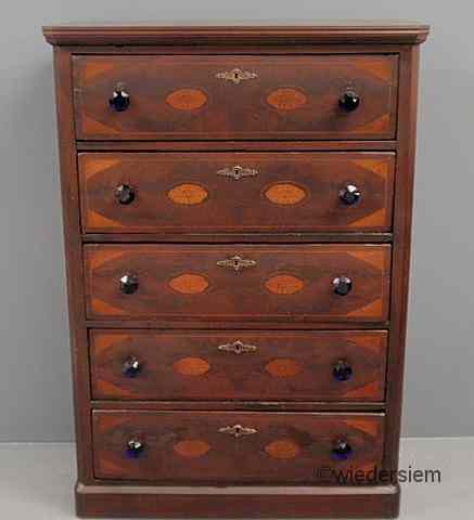 Appraisal: Unusual inlaid mahogany five-drawer chest th c with blue faceted