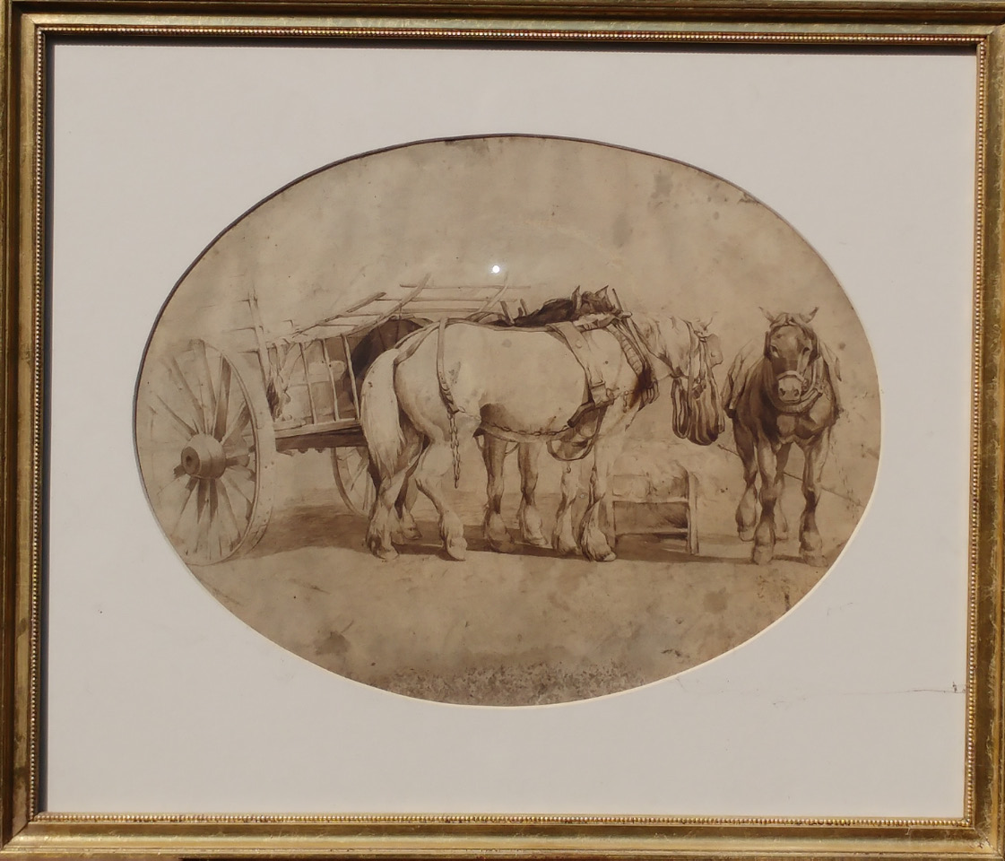 Appraisal: thC British School Working horses and cart ink drawing cm