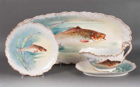 Appraisal: Limoges painted porcelain -piece fish set late th century comprising