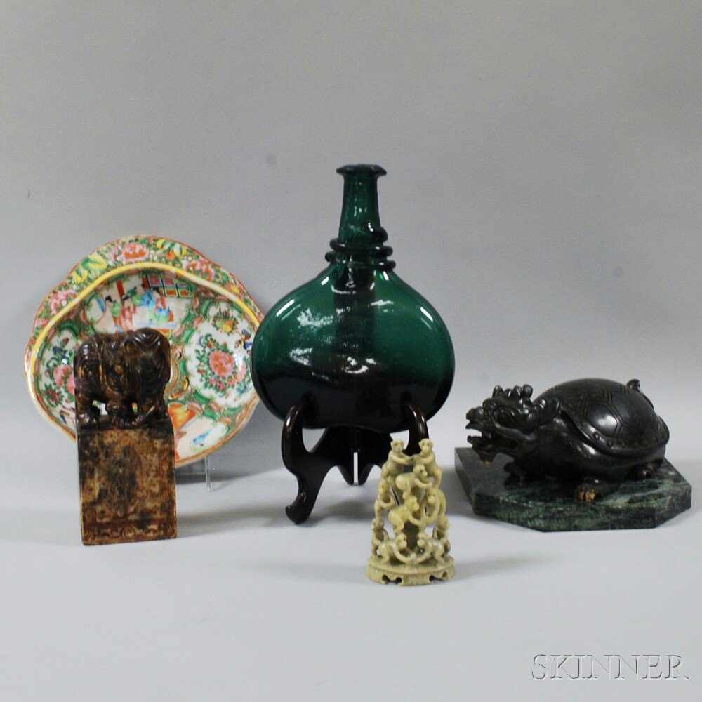 Appraisal: Group of Decorative Items a blown green glass chestnut bottle