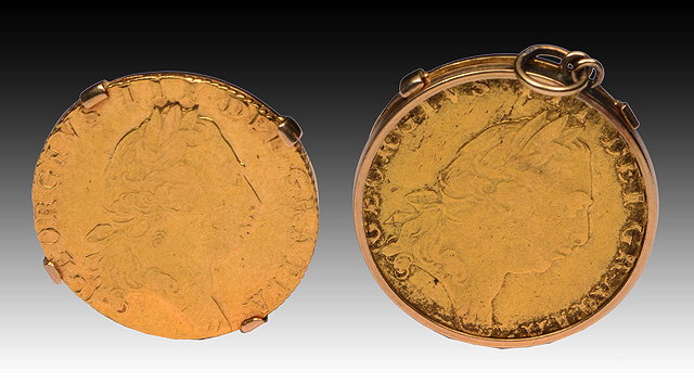 Appraisal: A PAIR OF GEORGE III GOLD GUINEA COINS fitted as