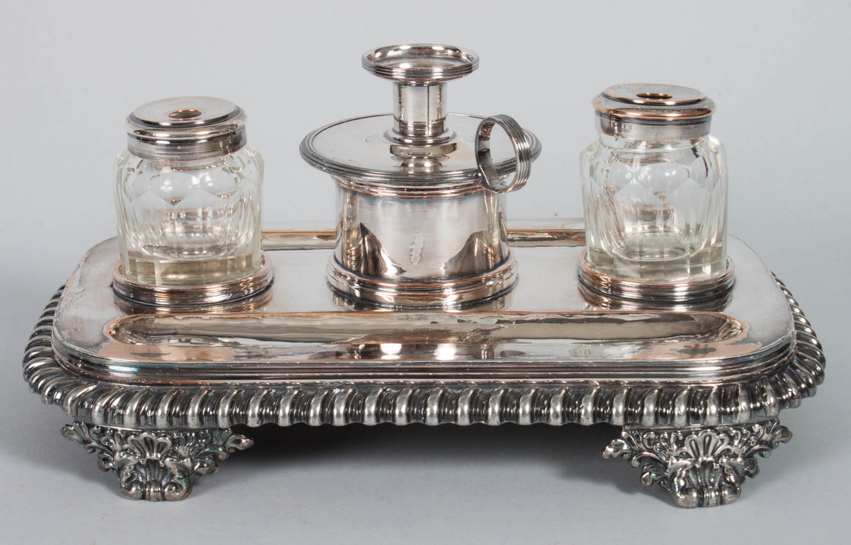 Appraisal: George IV silver-plate on copper standish 's with cut glass