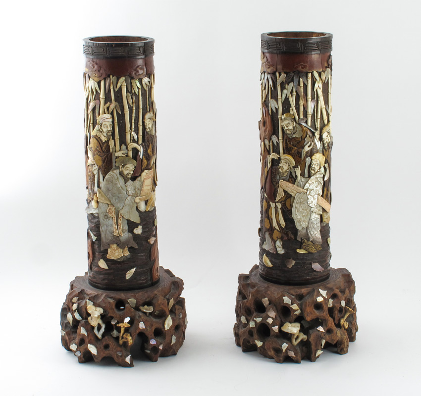 Appraisal: PAIR JAPANESE BAMBOO BONE INLAID VASES Pair carved wood vases