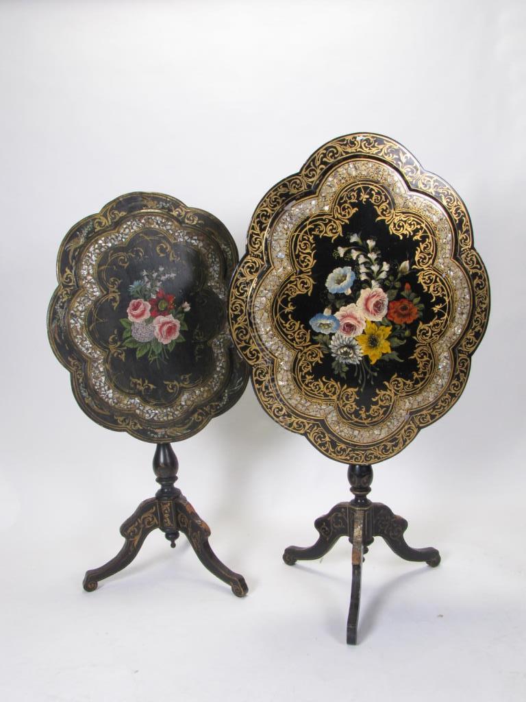 Appraisal: Two vintage tilt-top tables painted decoration over ebony finish three