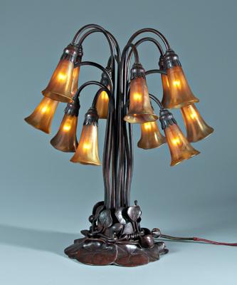 Appraisal: Tiffany style pond lily lamp twelve gooseneck lamps with iridescent