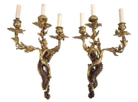 Appraisal: A Pair of French Gilt and Patinated Bronze Three-Light Sconces