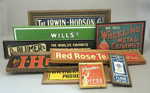 Appraisal: Tin lithographed and paper signs Mid th century framed signs