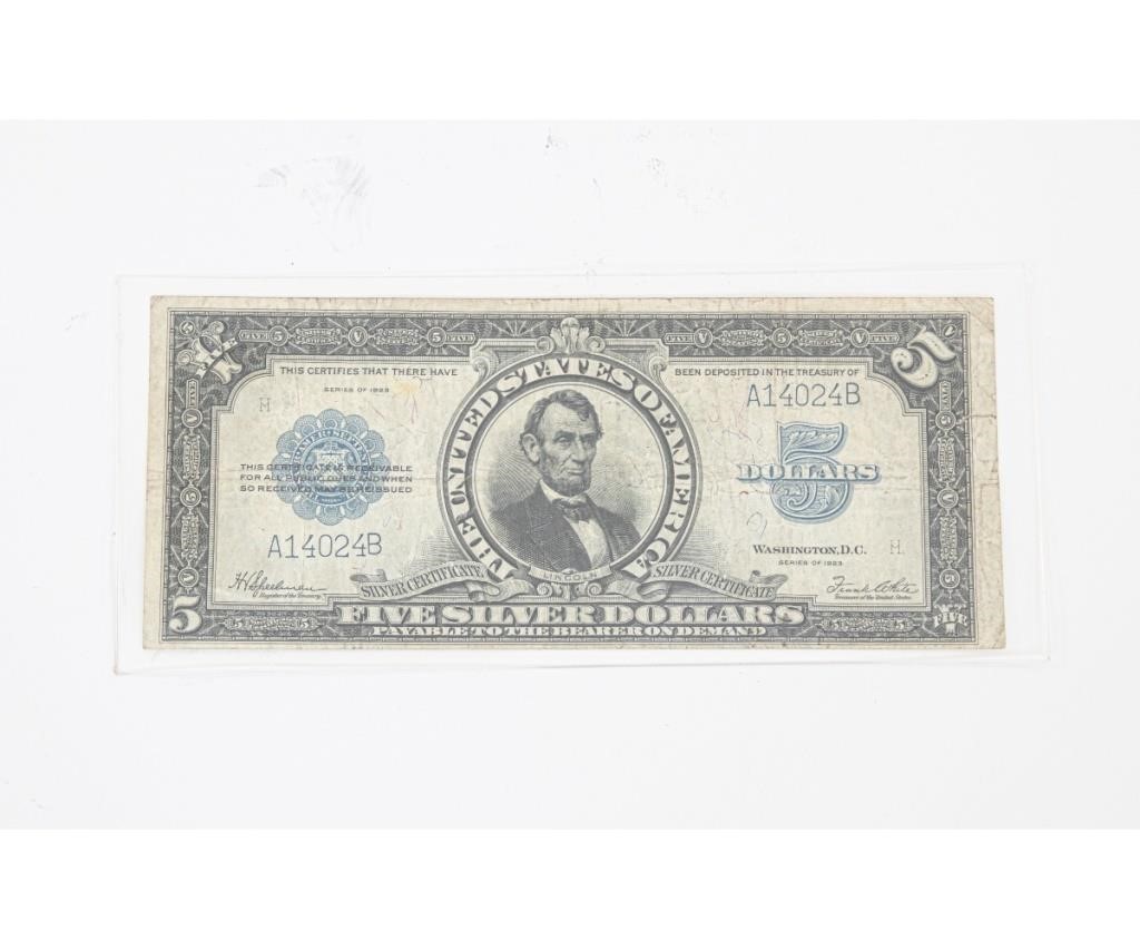 Appraisal: five dollar Silver Certificate Port Hole Condition Edge split creased