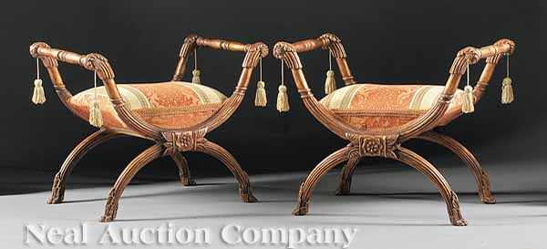 Appraisal: A Pair of Neoclassical-Style Carved and Gilded Curule Benches with