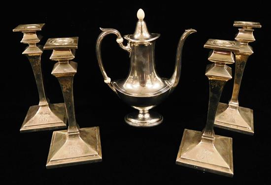 Appraisal: STERLING Gorham four matching candlesticks and one coffee pot candlesticks