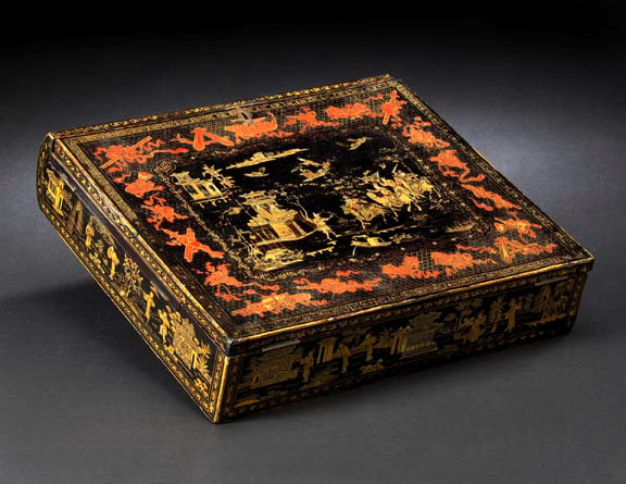 Appraisal: Unusual Chinese Export Elaborately Gilded Black-Lacquer Desk Box of folio