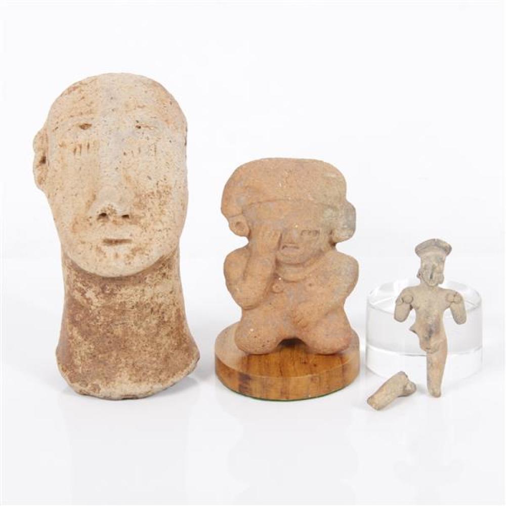 Appraisal: AFRICAN BURA HEAD WITH TWO PRE COLUMBIAN TERRA COTTA FIGURES