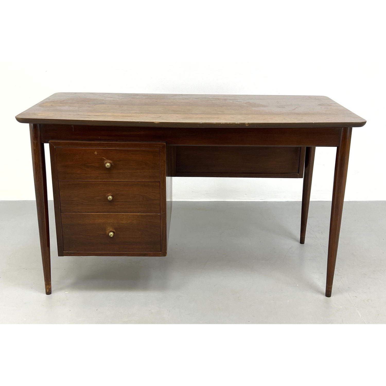 Appraisal: American Modern Walnut Desk Three Drawers with Metal Knobs Dimensions