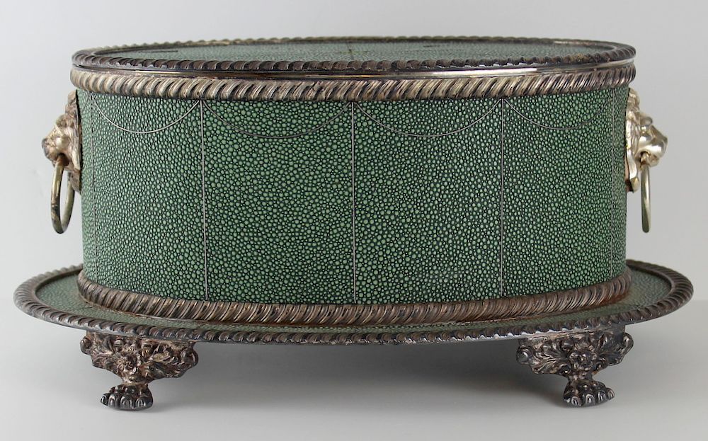 Appraisal: SILVERPLATE Silverplate and Shagreen Vanity Box Silverplate mounted shagreen vanity