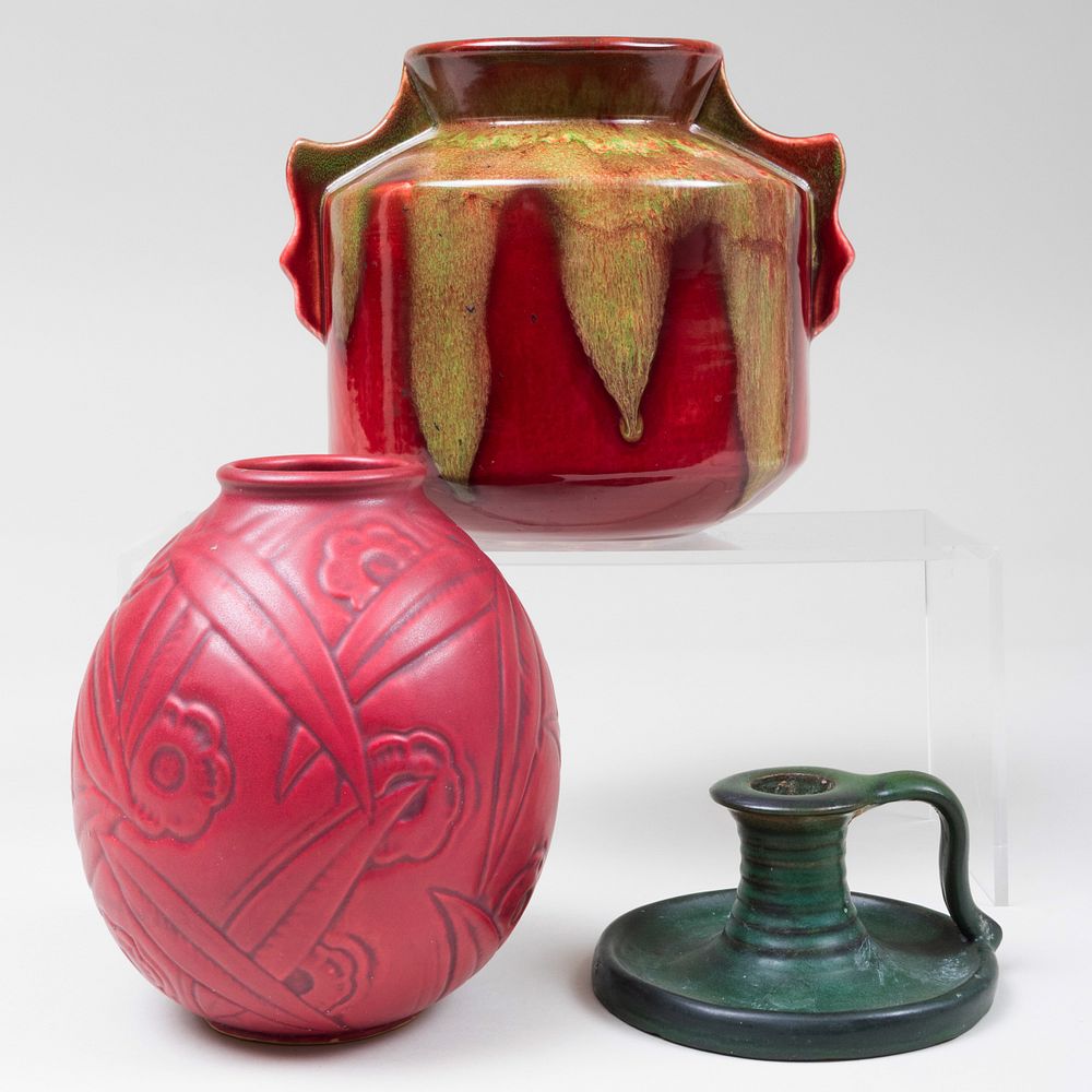 Appraisal: Two Weller Pottery Vases and a Chamberstick Incised and and