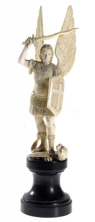 Appraisal: AN IVORY STATUETTE OF ST MICHAEL PROBABLY DIEPPE standing victorious