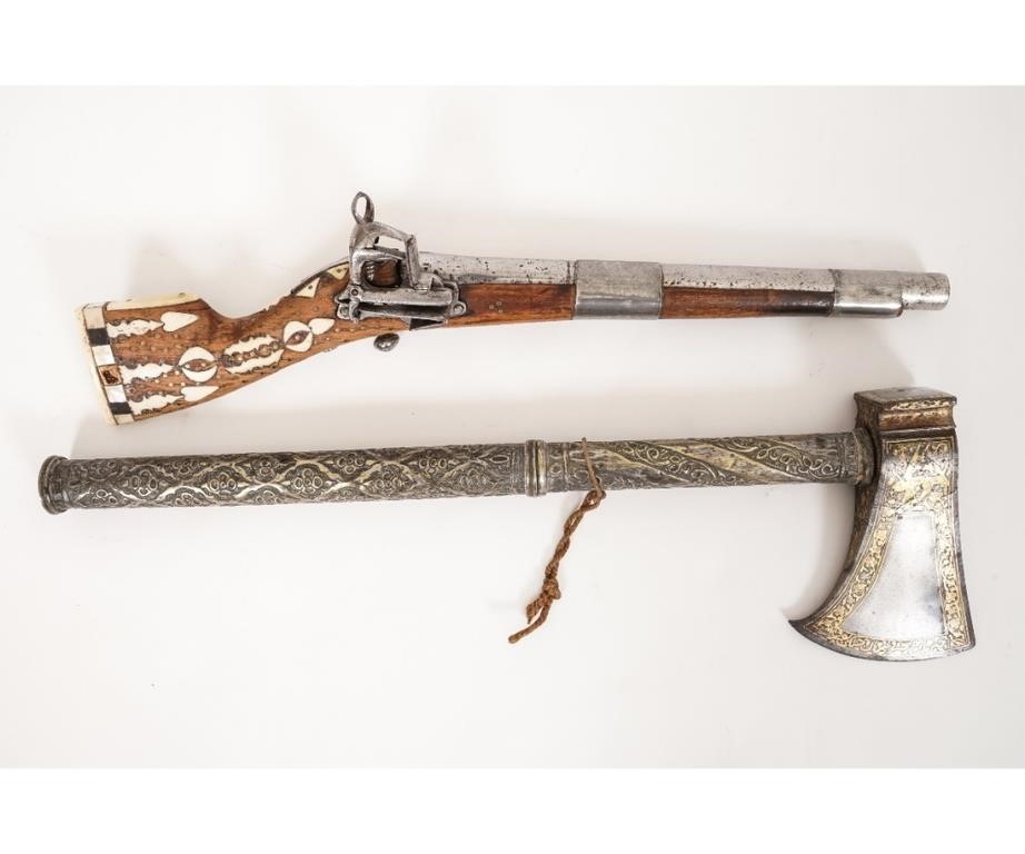 Appraisal: Persian flintlock pistol with bone inlay together with a metal