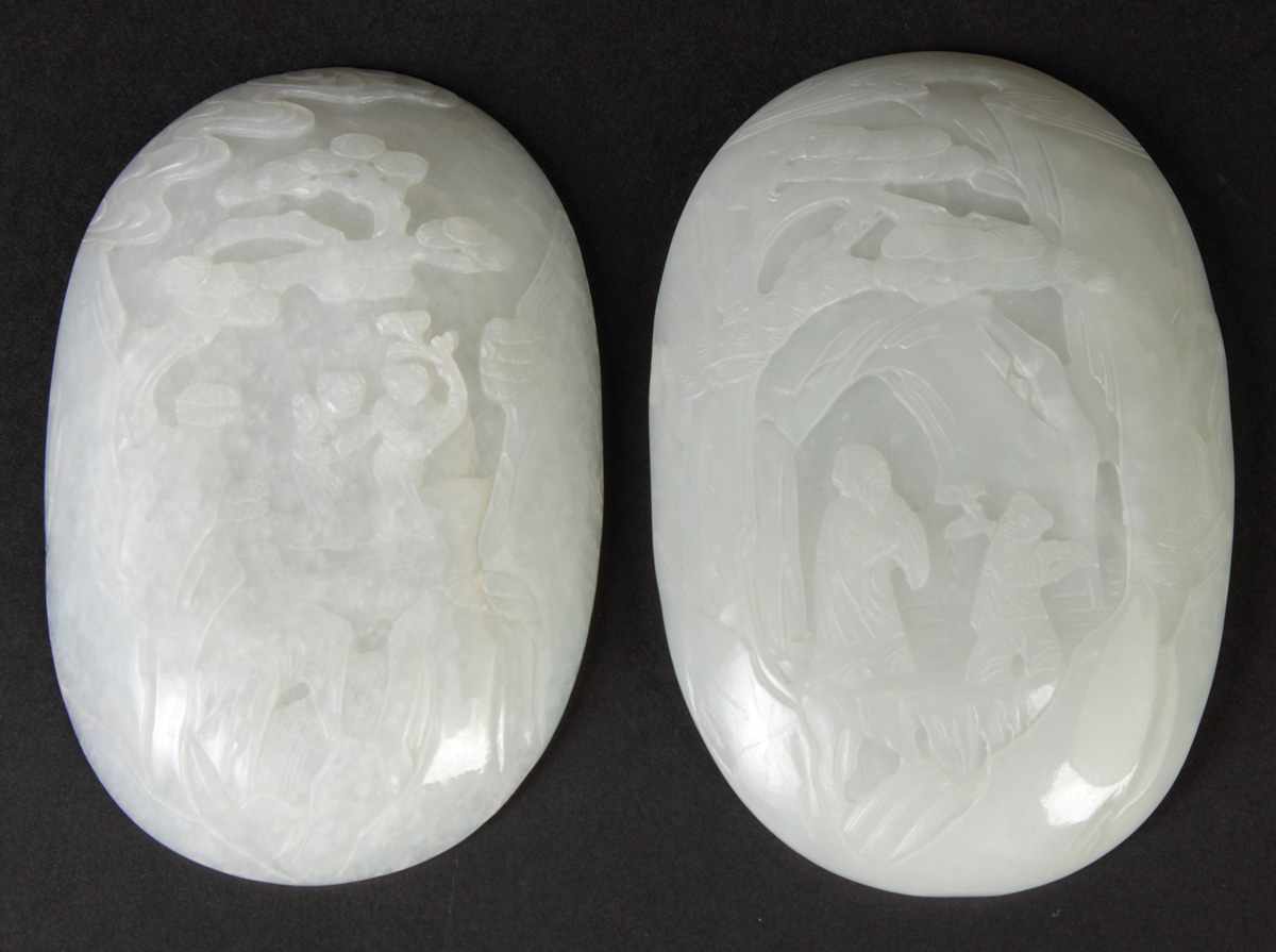 Appraisal: Chinese Carved White Jade Plaques th cent Incised decoration of