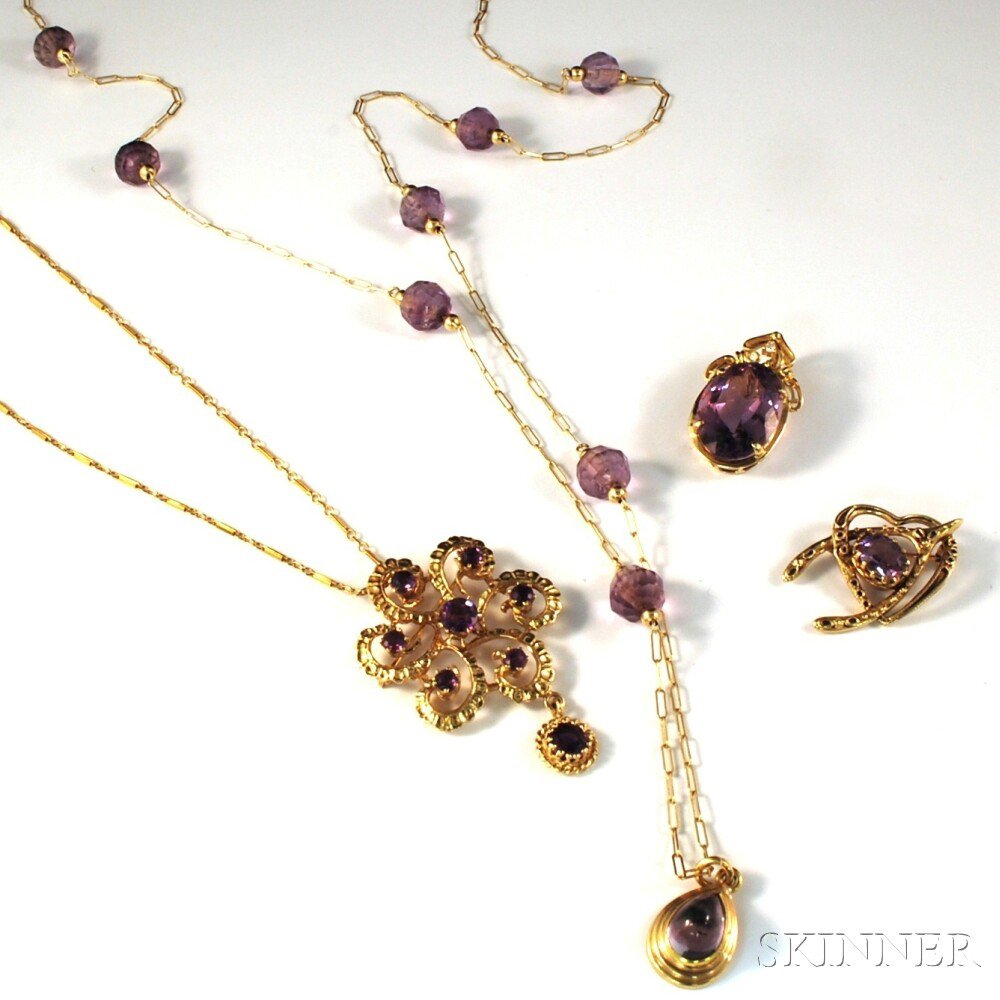 Appraisal: Four Pieces of Gold and Amethyst Jewelry a kt gold