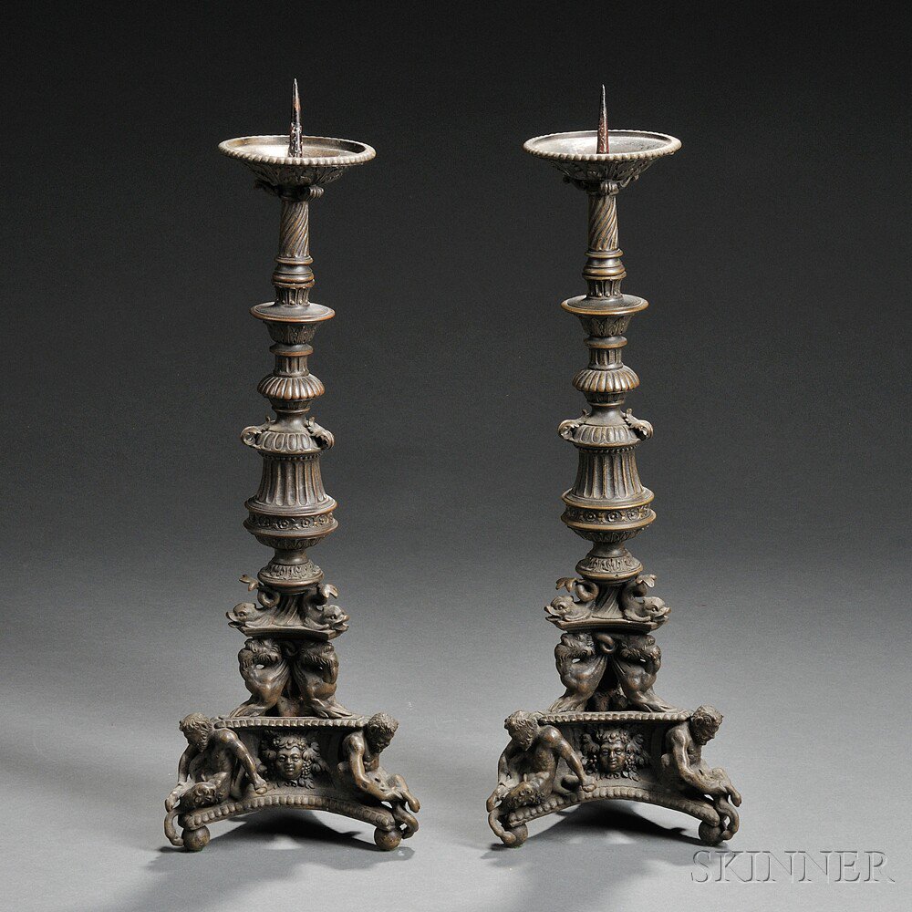 Appraisal: Pair of Renaissance-style Bronze Pricket Candlesticks th th century each