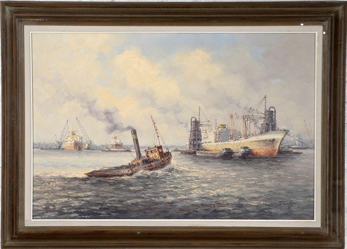 Appraisal: John Schaeffer th C Harbor Scene Oil on canvas signed