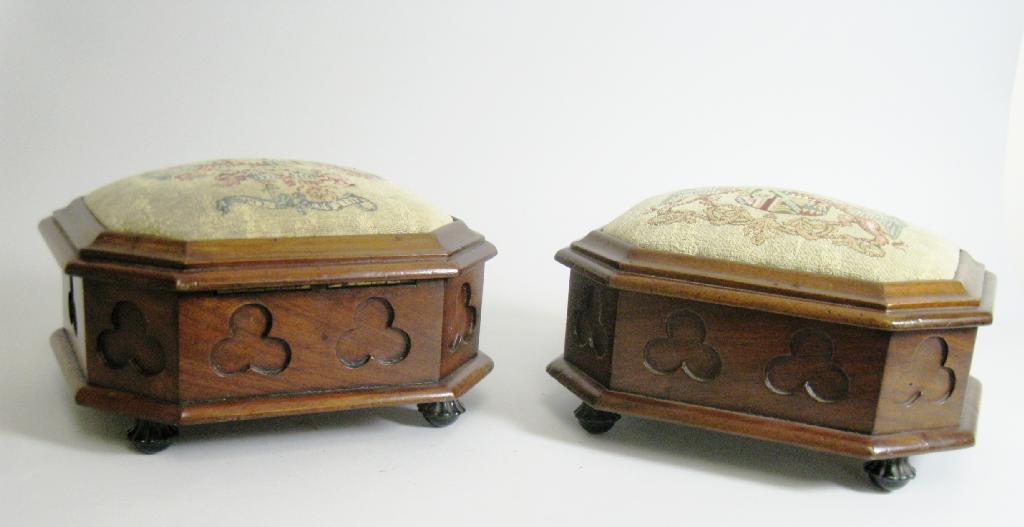 Appraisal: Pair of Victorian mahogany octagonal Footstools with hinged tops upholstered