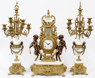 Appraisal: GERMAN IMPERIAL CLOCK CANDELABRAS GERMAN IMPERIAL BRONZE AND MARBLE CLOCK