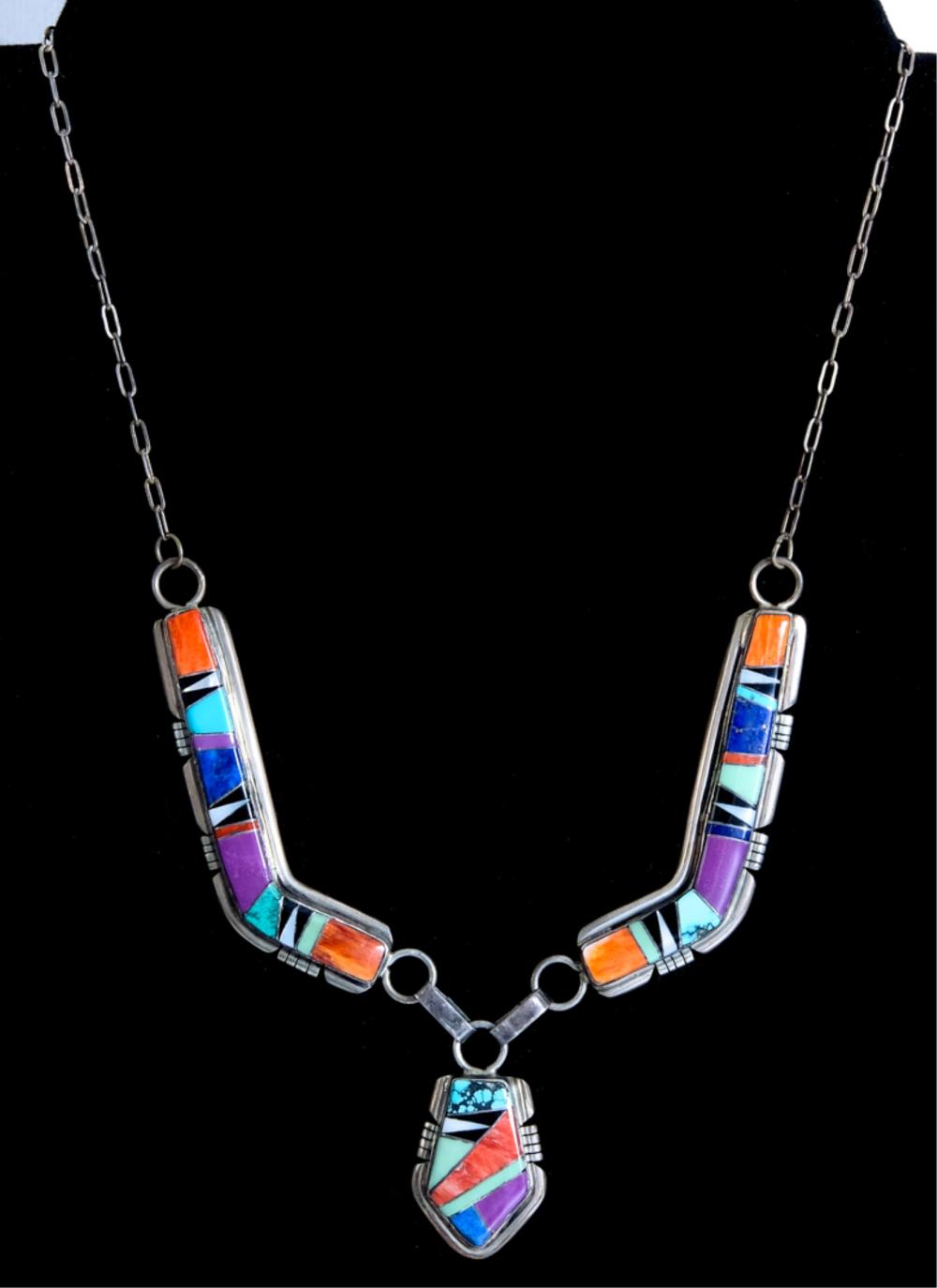 Appraisal: NATIVE AMERICAN STERLING MULTI STONE NECKLACENative American likely Zuni sterling