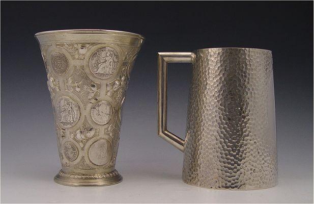 Appraisal: GERMAN SILVER MUG AND COIN CHALICE To include E L