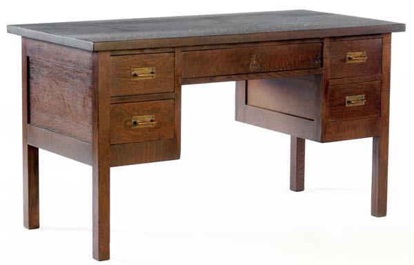 Appraisal: ROYCROFT Early five-drawer desk with hammered copper pulls Orb and