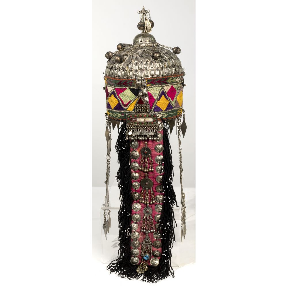 Appraisal: TURKMEN WEDDING HEADDRESSHaving embroidered cloth shell covered in applied adornments