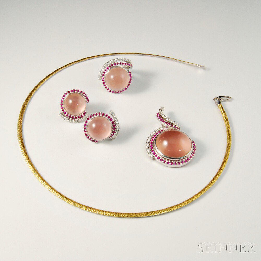 Appraisal: kt White Gold Rose Quartz Diamond and Ruby Suite including