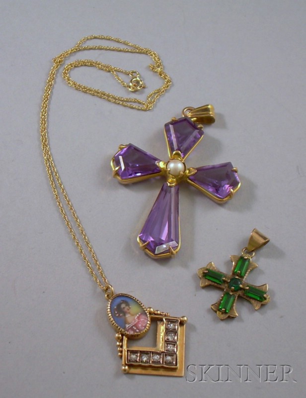 Appraisal: Three kt Gold Pendants including an antique painted porcelain and