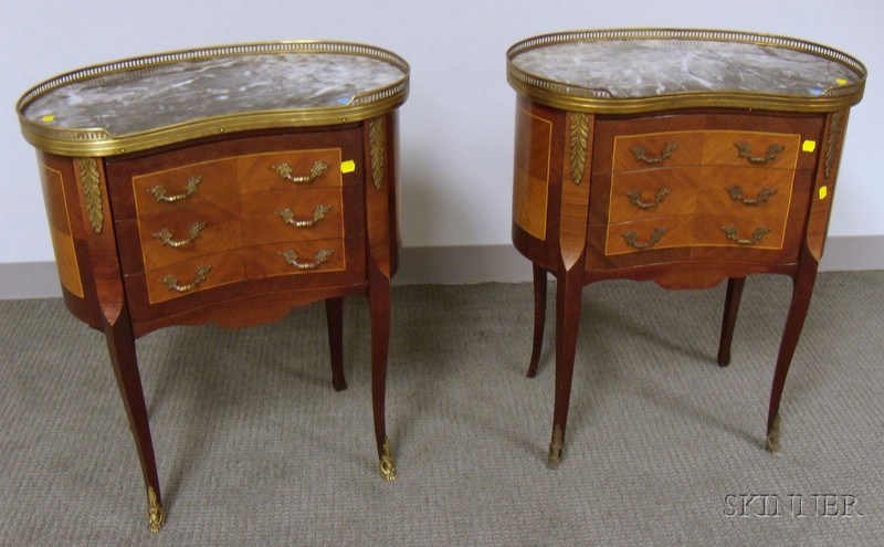 Appraisal: Pair of Louis XV Style Brass-mounted Marble-top Veneered Kidney-shaped Three-Drawer