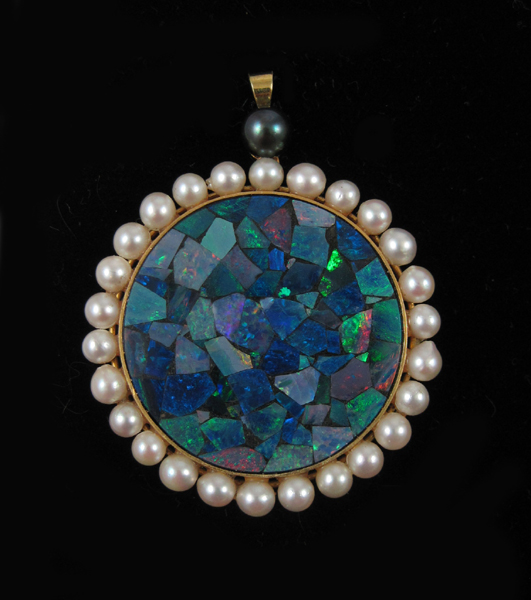 Appraisal: BLACK OPAL AND PEARL MOSAIC PENDANT k yellow gold set