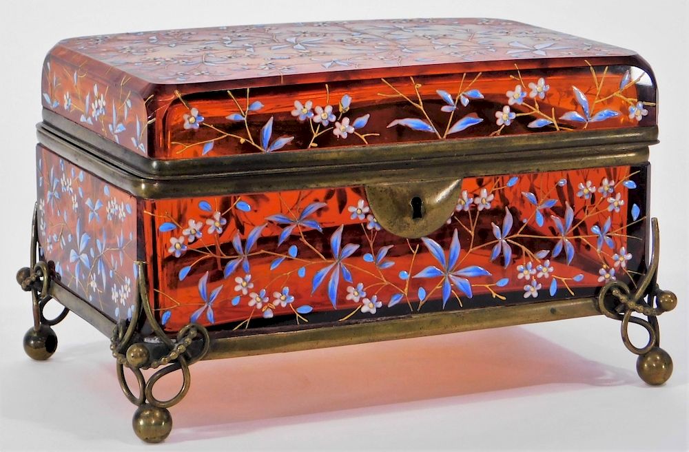 Appraisal: Moser Enameled Cinnamon Glass Jewelry Casket Czechoslovakia Circa Richly colored