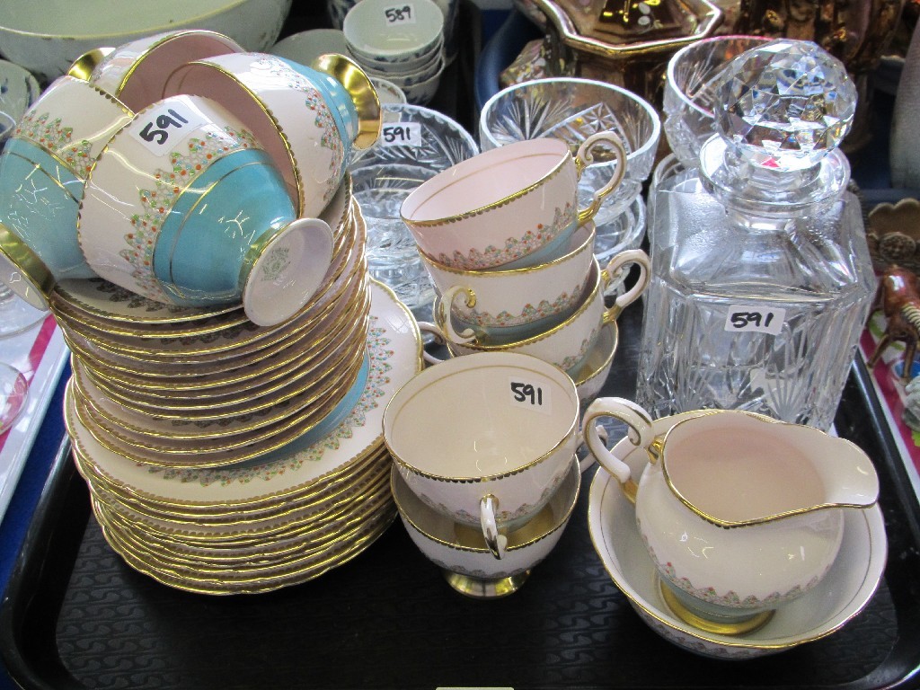 Appraisal: Tuscan bone china teaset crystal decanter and eight sundae dishes