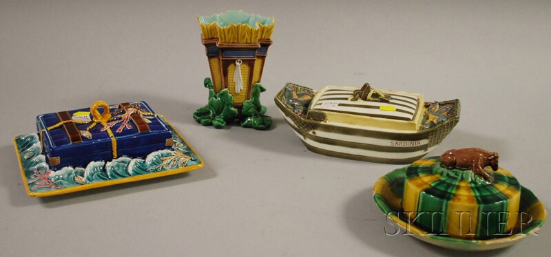 Appraisal: Four Wedgwood Majolica Items a vase covered butter dish and