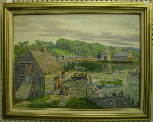 Appraisal: Unsigned Decorator Oil Painting depicting a fishing wharf