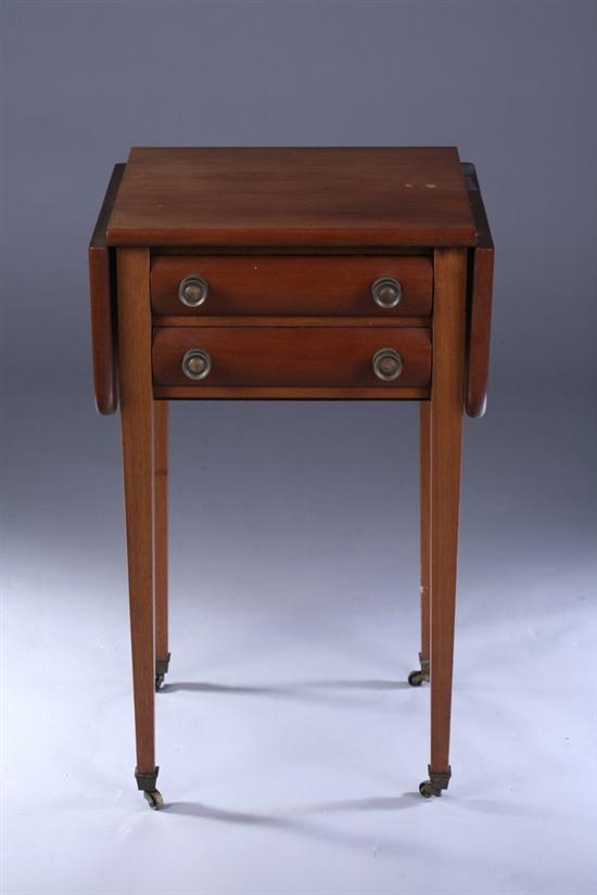 Appraisal: HEPPLEWHITE STYLE WALNUT TWO-DRAWER DROP-LEAF WORK TABLE th century With