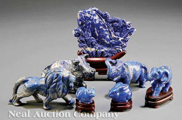 Appraisal: A Group of Seven Chinese Sodalite and Lapis Figures including