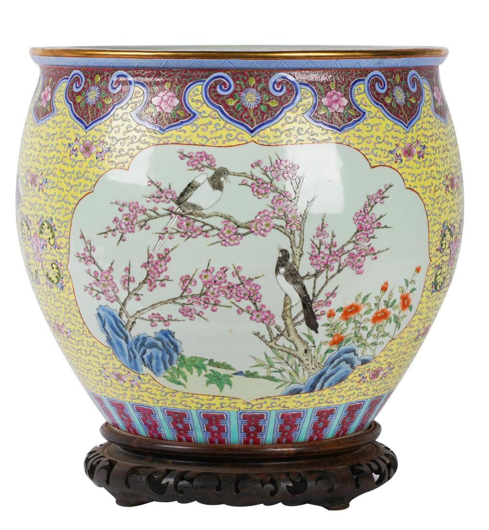 Appraisal: CHINESE ENAMELED PORCELAIN FISH BOWL JARDINIEREunmarked on wooden base Provenance